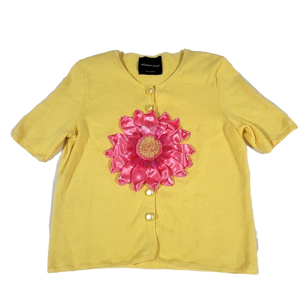 SAMPLE Michael Simon Sweater Cardigan 3d Ribbon M bright yellow & pink art wear